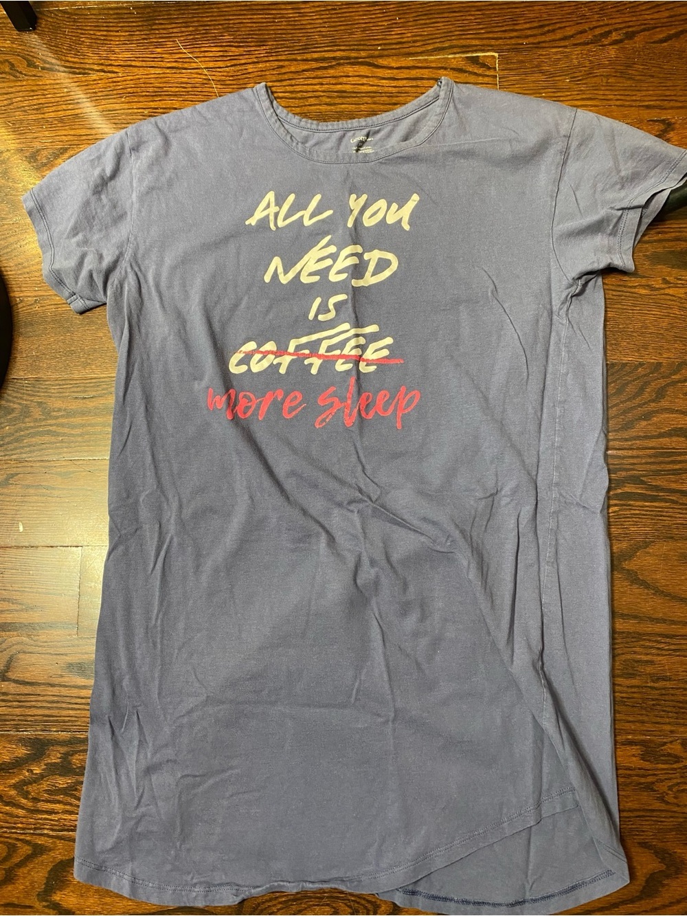 Grey short sleeve crew neck t-shirt with a "Need More Coffee" graphic S